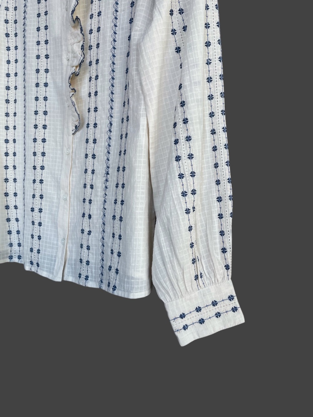 SEZANE NWT White Blue Cream Floral Embroidered Ruffle Button Down Chlo Shirt Top - Picture 8 of 17